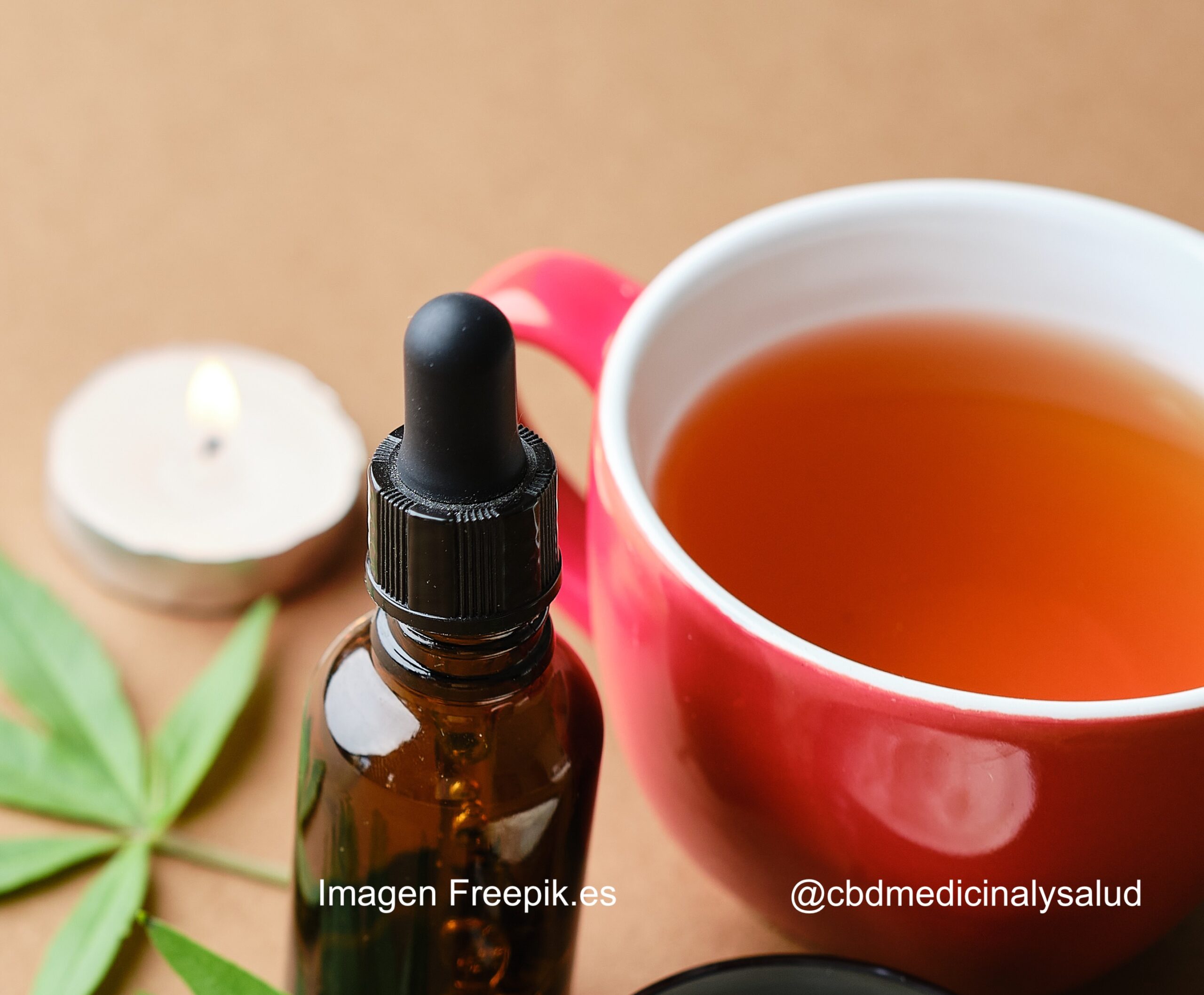 Cannabis cosmetic oil cream in jar bottle herbal and a green plant leaf Natural cosmetic on brown background. Flat lay, copy space